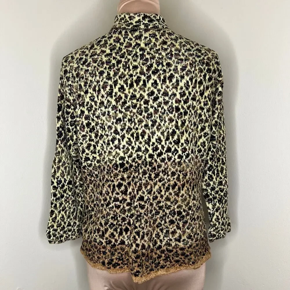 70s Carol Horn Sweater Jacket Large Womens Leopard Chenille Knit Wood Button Vtg